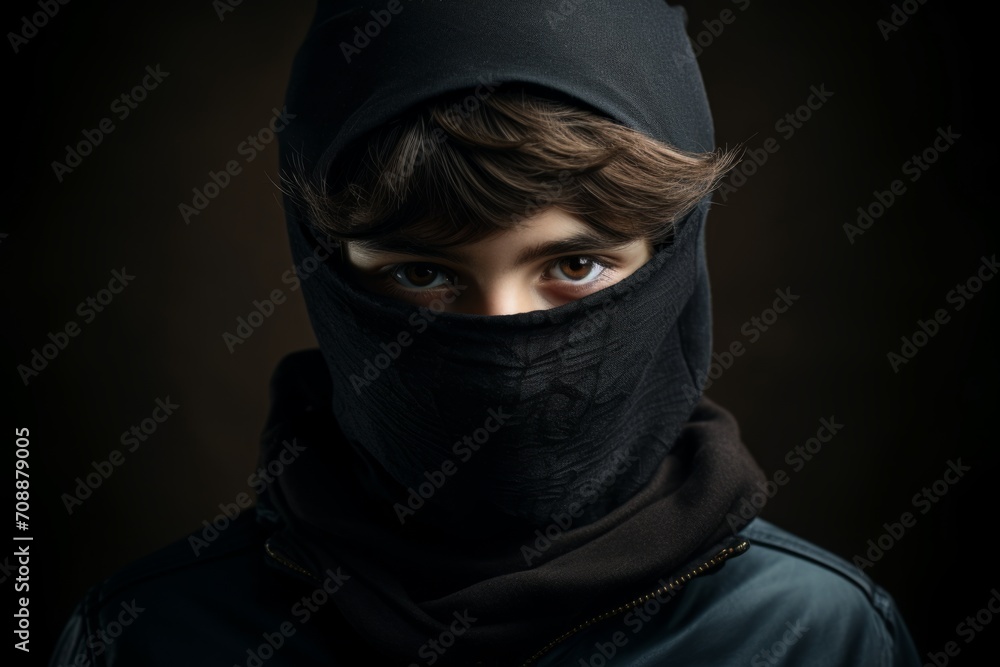 the guy in the balaclava. portrait. knitted black headdress covering the face. a thief, a robber. the guy in the balaclava. portrait. knitted black headdress covering the face. a thief, a robber.