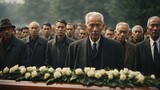 Men at a funeral Wearing black suite with a wry face mostly old men being in the situation