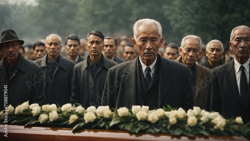 Men at a funeral Wearing black suite with a wry face mostly old men being in the situation photo