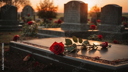 A grave at a sunrise and a red rose on top of the grave- love for a death person , love for a death one on the grave/cementry photo