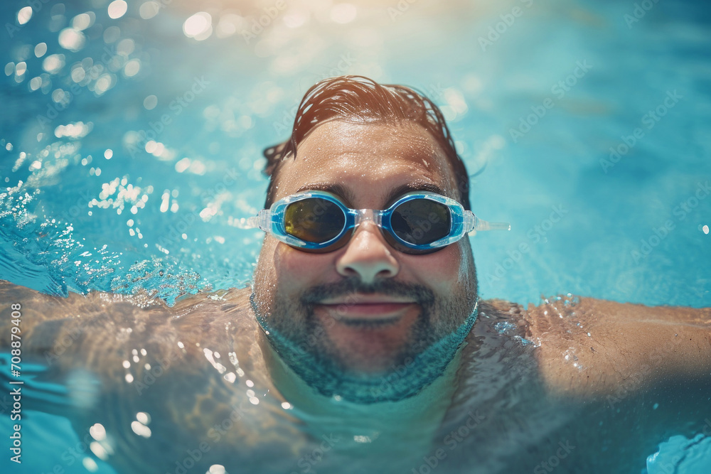 A bearded mature man is swimming in the pool wearing swimming goggles. water sports, water treatments.