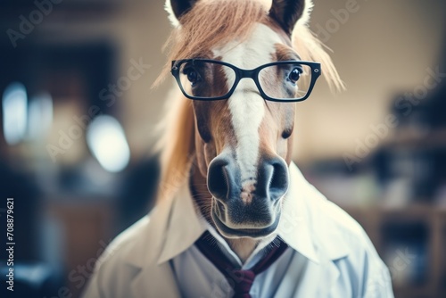 Funny horse scientist in a laboratory. photo