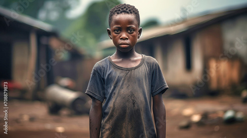 A poor little boy stands in a smoking dump on the outskirts of a slum. Poverty and hunger concept. Help hungry children