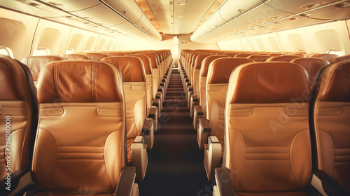 Inside of Airplane With Black Leather Seats photo