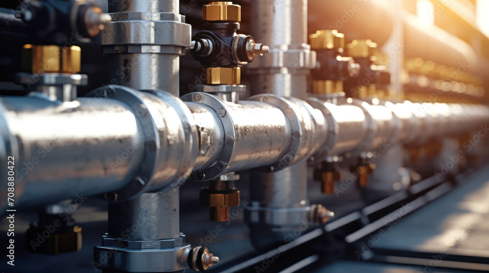 Close-up industrial view of a pipeline, liquid and gas delivery equipment, oil and gas processing area. Distribution pipeline unit at a plant.