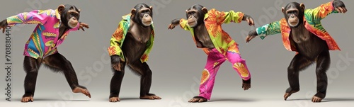 Monkey wearing colorful clothes dancing on grey background . Banner