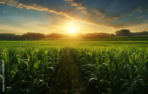 Sunset over corn field in summer. Agricultural landscape. Nature composition.