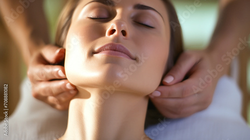 Portrait of a beautiful gorgeous relaxed pleasant woman with neck pain  professional head acupuncture massage therapist  modern beauty spa  aroma oil. Massage therapist for face and body skin care
