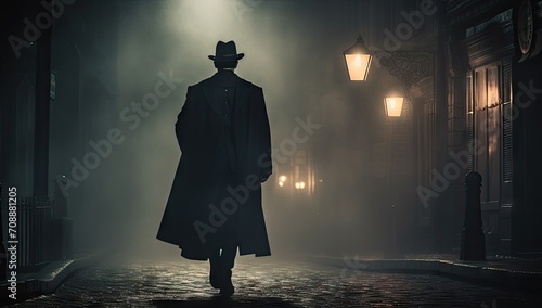man dressed in long coat wearing a hat is walking down a street photo