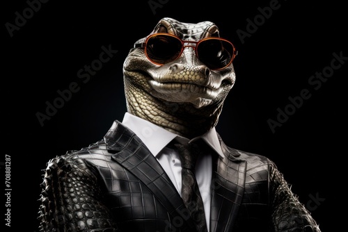 Funny crocodile with sunglasses in a suit on a black background.