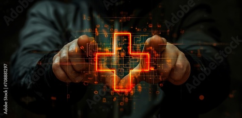 Hands touching digital red cross icon on dark background 3D rendering