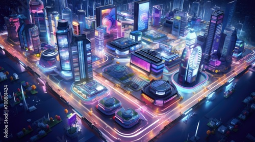 Isometric cityscape with futuristic technology