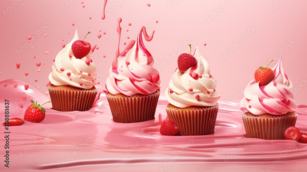 Advertising shoot of cupcakes dessert on a pink background. Advertising shoot of cupcakes dessert on a pink background.