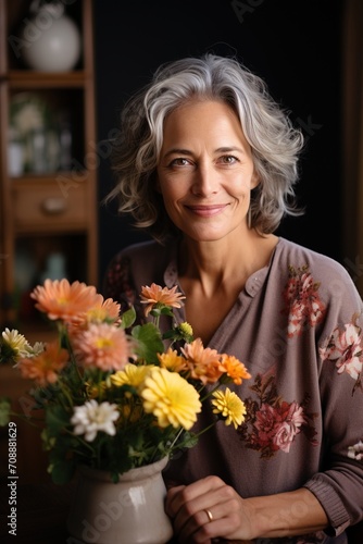 Portrait of a smiling middle-aged woman with a vase of flowers © Adobe Contributor