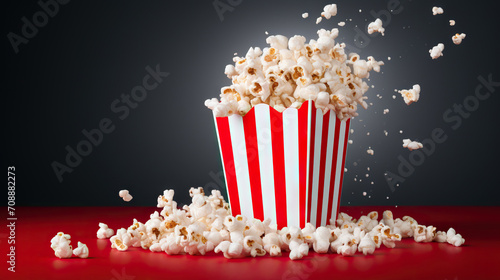 Delicious popcorn in a red striped carton box on a dark background with copy space