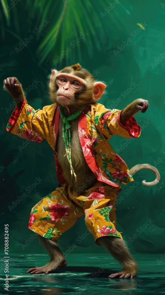 Fototapeta premium Monkey wearing colorful clothes dancing on green background . Vertical background 