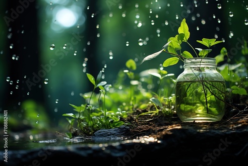 Raindrops falling on a jar of water with a plant inside it in the middle of a forest