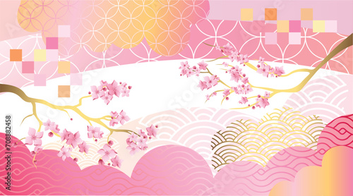 Chinese background with blooming plum tree branches