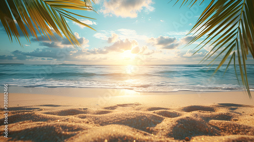 Summer background with frame, nature of tropical golden beach with rays of sun light and leaf palm. Golden sand beach close-up, sea water, blue sky, white clouds.