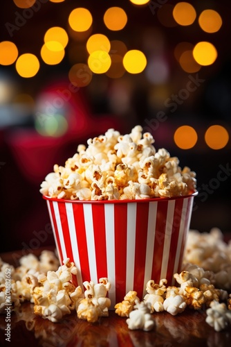 A red and white striped container filled with popcorn against a blurry background of yellow lights