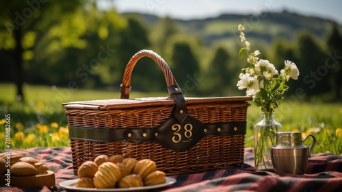 Wicker picnic basket with leather straps and metal number 38 on the side with a vase of white flowers and a silver pitcher on a red and white checkered tablecloth on grass photo