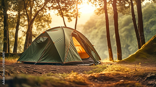 Serene Sunset Camping, Tent Pitched in Woodland Solitude. Hiking and outdoor recreation.