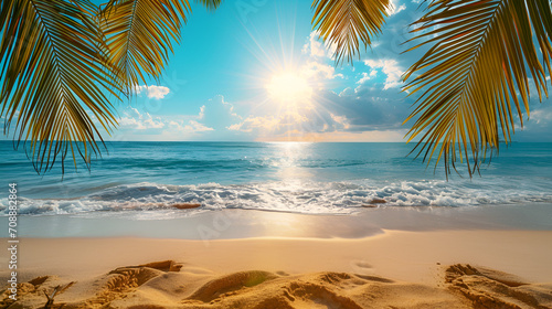 Summer background with frame, nature of tropical golden beach with rays of sun light and leaf palm. Golden sand beach close-up, sea water, blue sky, white clouds. © Jaunali