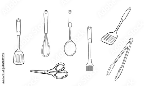 Set of cooking kitchen utensils with whisk brush spoon spatula tongs scissors vector hand-drawn illustration