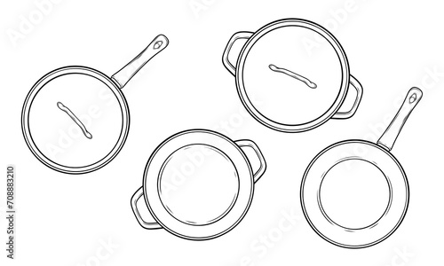 Set of cooking saucepans pots frying pan vector hand drawn illustration