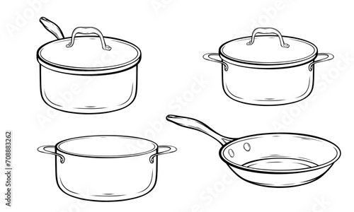 Set of cooking saucepans pots frying pan vector hand drawn illustration