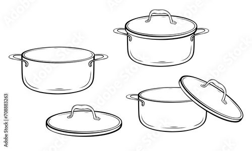 Set of cooking saucepans pans pots vector hand drawn illustration