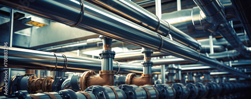 Pipeline and pipe rack of an oil, chemical, hydrogen or ammonia industrial plant. Distribution of liquid along the main pipeline. Close-up.
