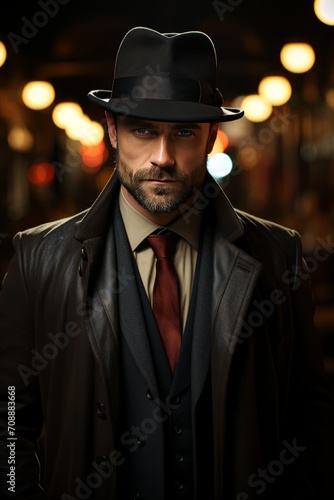 Photo Realistic of a Man in a Tailored Topcoat and a Stylish Fedora, Generative AI © Giantdesign