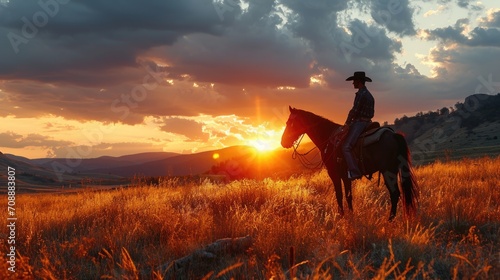 Cowboy Riding Horse at Sunset in Countryside Silhouette