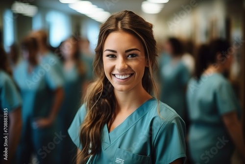 Confident young female healthcare professional in scrubs smiling