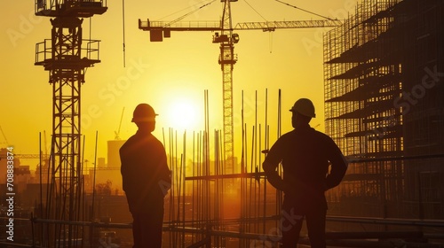 Construction Workers Overseeing Site at Sunset Silhouette. © _veiksme_