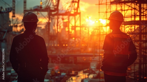 Construction Workers Overseeing Site at Sunset Silhouette.