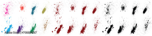 Splash collection of blood paint texture brush stroke black, green, red, purple, blue, pink color drop background