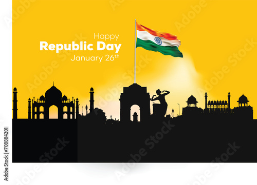 Indian Republic Day Background, background, greeting card design, flag and Red Fort, India gate, Taj Mahal, concept etc.