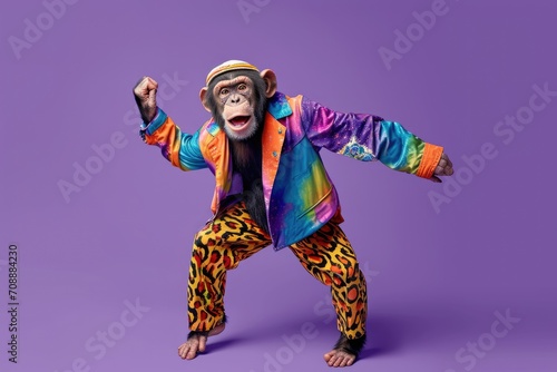 Monkey wearing colorful clothes dancing on purple background  photo
