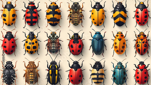 Colored beetles are arranged in a grid on a yellow background