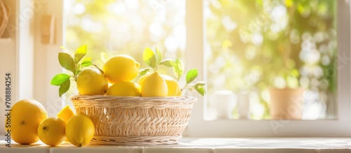 Basket lemon grove in window background kitchen.