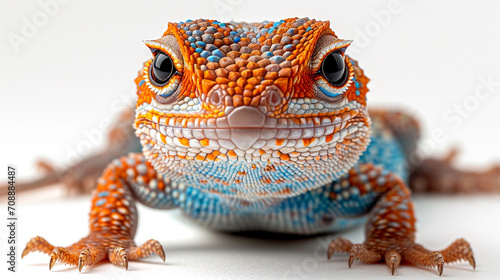 A detailed orange and blue lizard on a white background looks at the camera