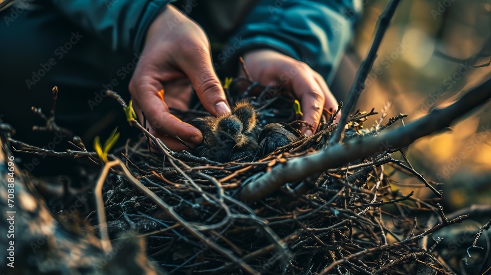 Obraz premium Survival in the Wild: Rescued Baby Birds in Nest