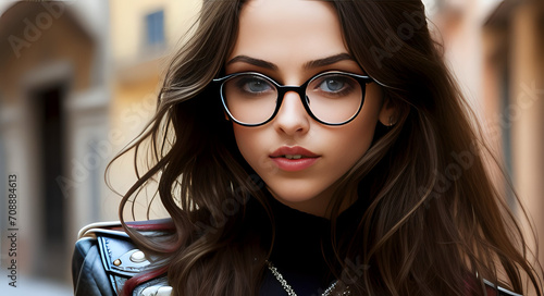 bellissima foto di ragazza bruna con occhiali e sguardo in camera photo