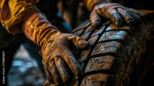 Close-Up of Dirty Work Gloves on a Rugged Tire.