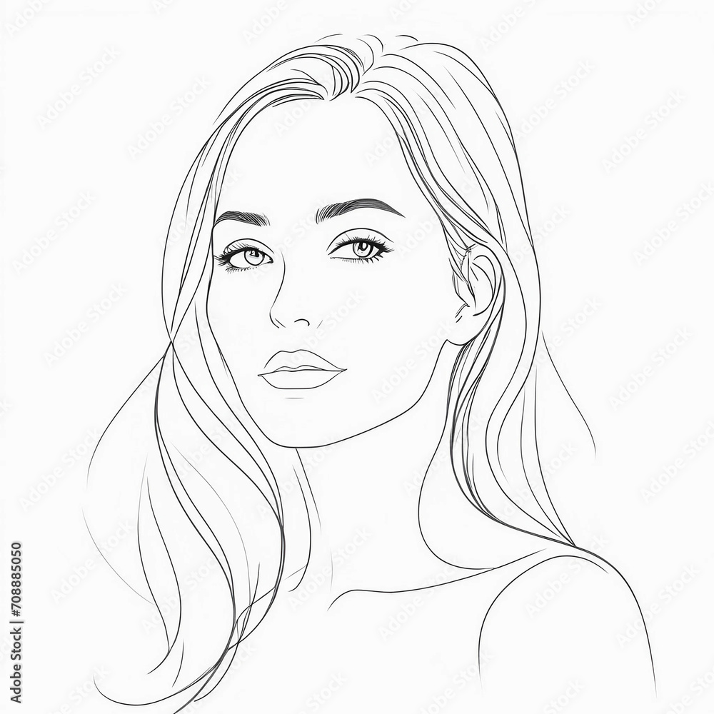 portrait of a beautiful woman, one line pencil art on white background