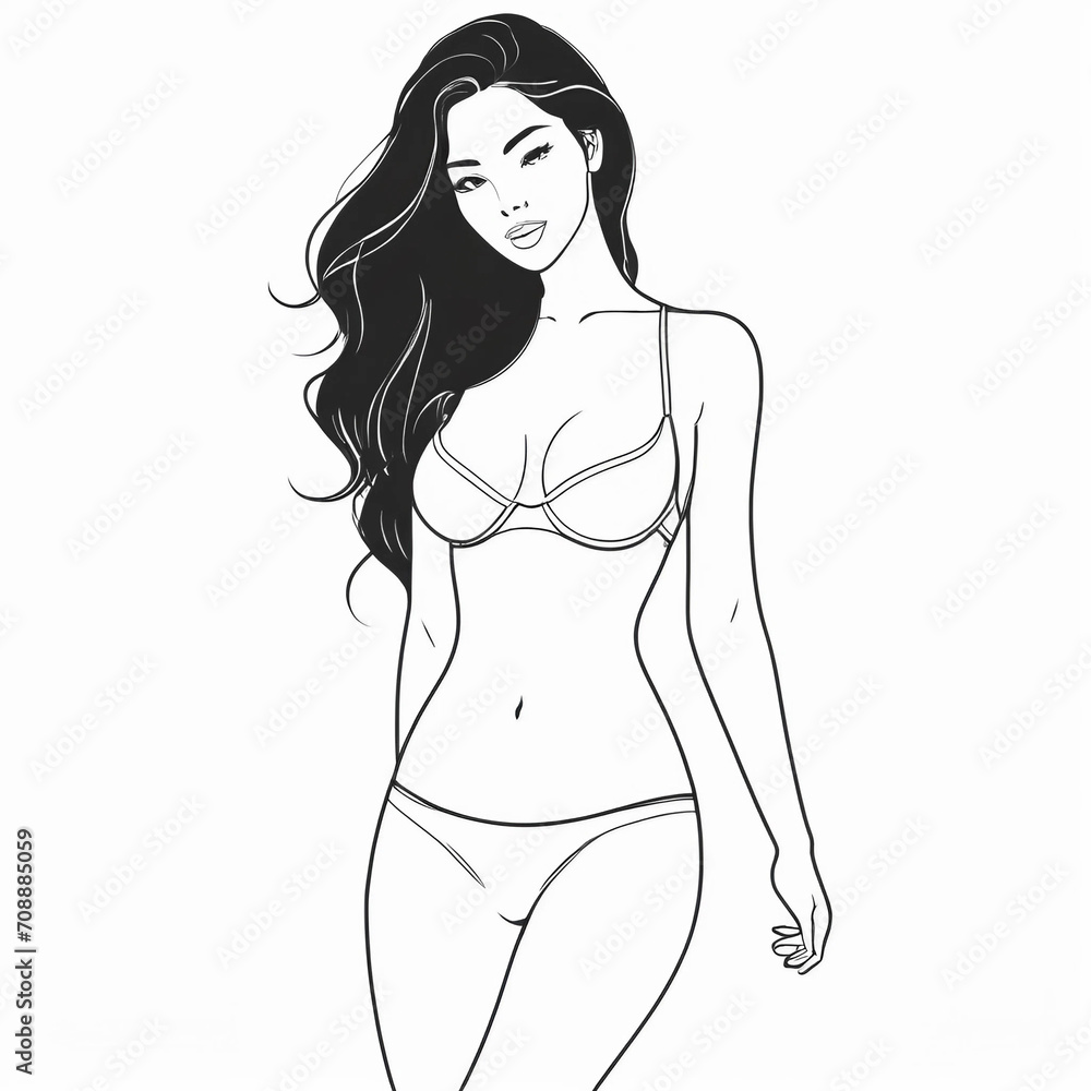 beautiful woman in bikini, one line pencil drawing isolated on white background beautiful woman in bikini, one line pencil drawing isolated on white background