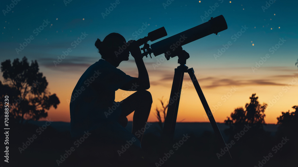 Stargazer at Twilight.
Silhouette of an astronomer using a telescope under the starlit sky at dusk.