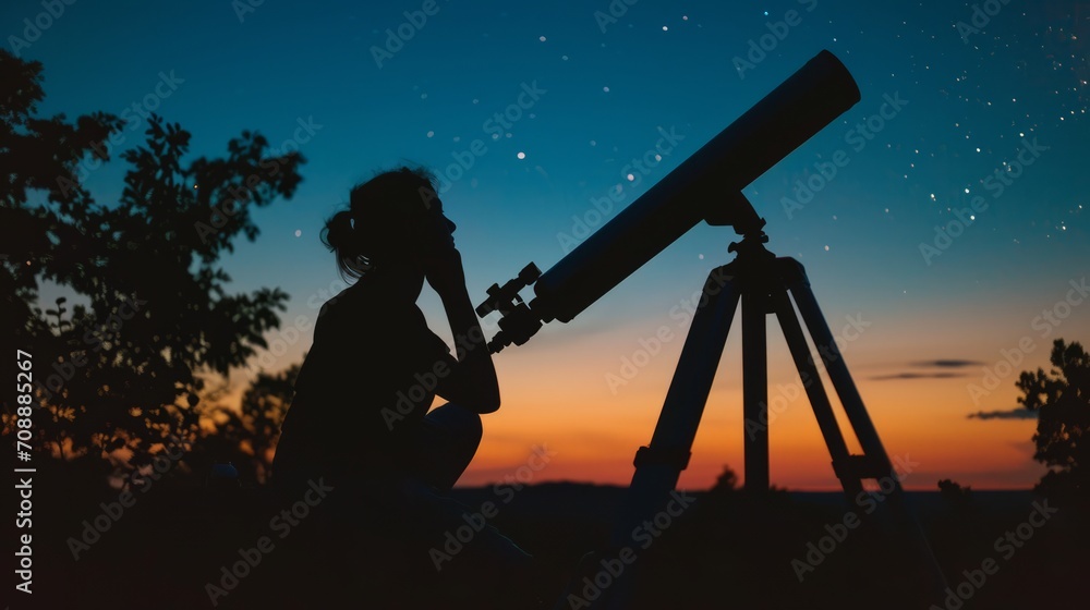Telescope Under the Stars.
Lone observer with a telescope exploring the night sky adorned with stars.